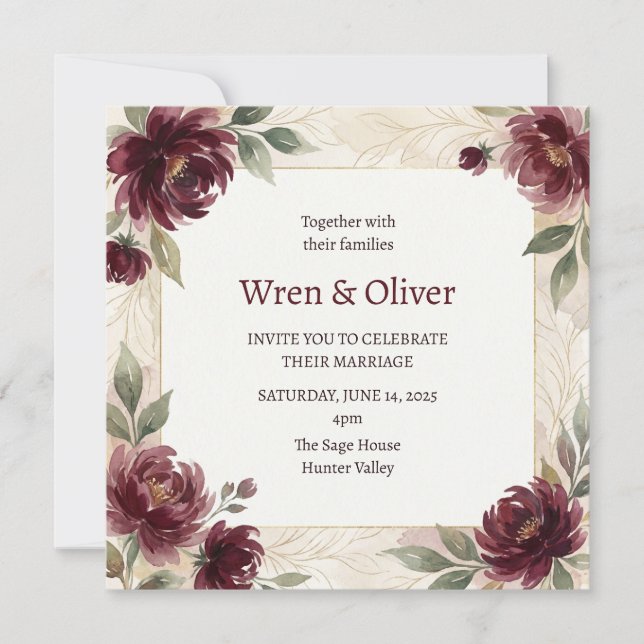 Burgundy Rose Border Wedding Invitation (Front)