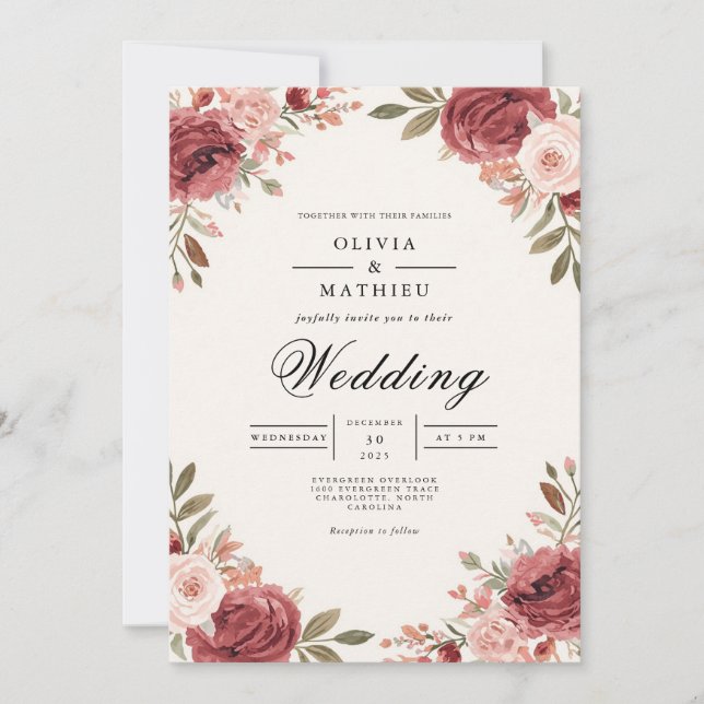 Burgundy Rose Botanical Arch Wedding Invitation (Front)