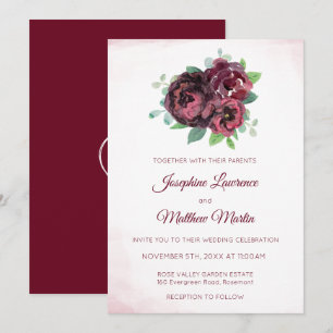 Burgundy Rose Bouquet Monogram Wedding Invitations