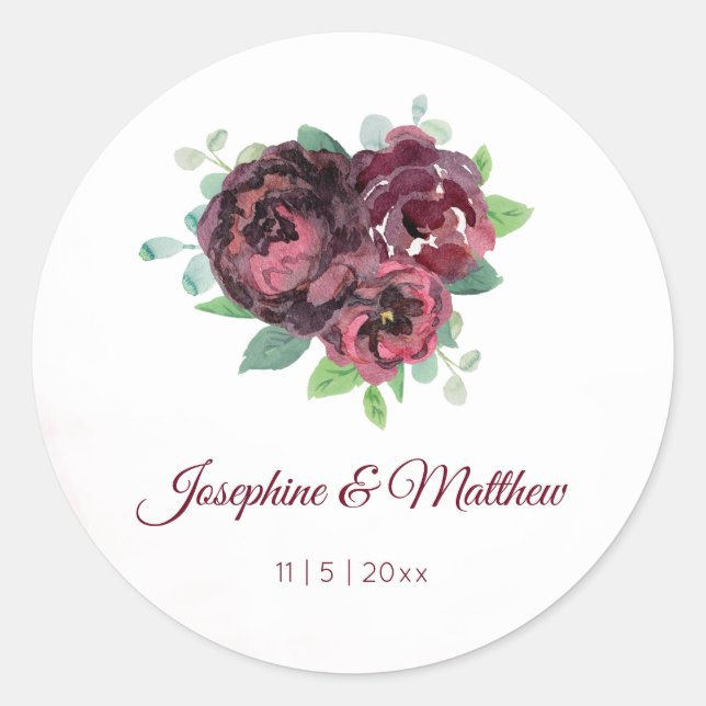 Burgundy Rose Bouquet Watercolor Wedding Stickers (Front)
