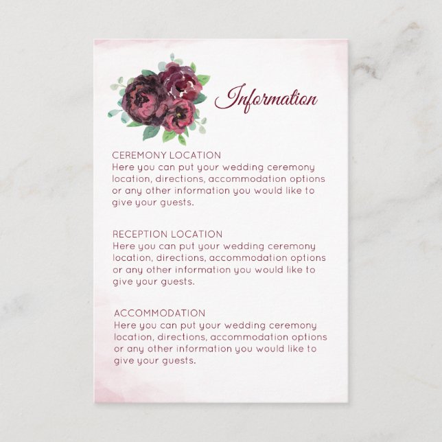 Burgundy Rose Bouquet Wedding Information Cards (Front)