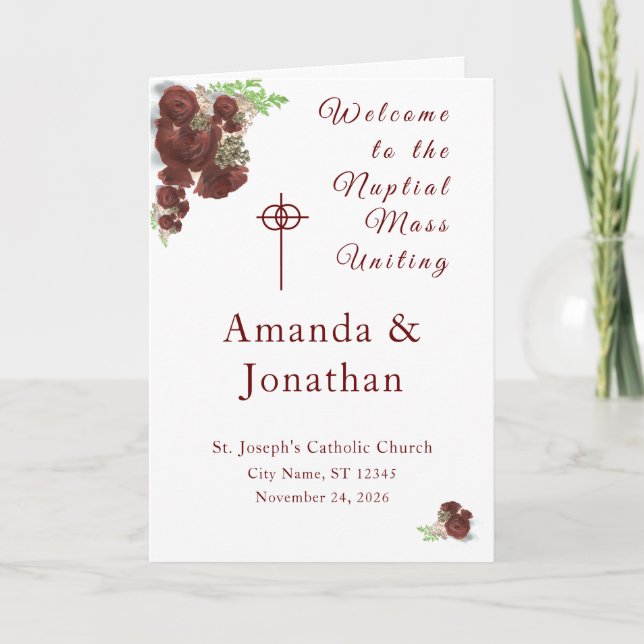 Burgundy Rose-Corsage Nuptial Mass with Photo  Programme (Front)