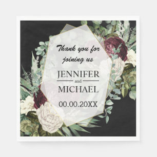 Burgundy rose dark moody vintage floral wedding napkin