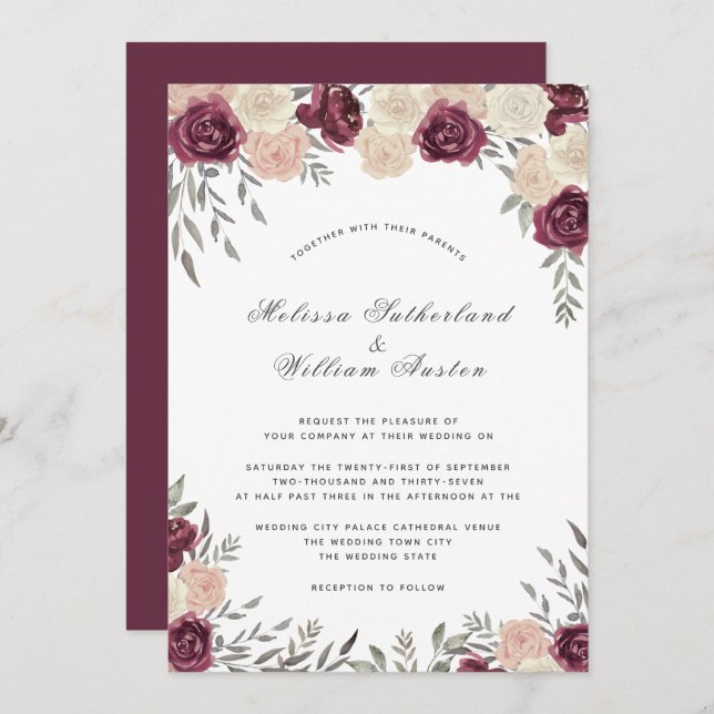 Burgundy Rose Dusty Blush Pink Wedding Invitation (Front/Back)