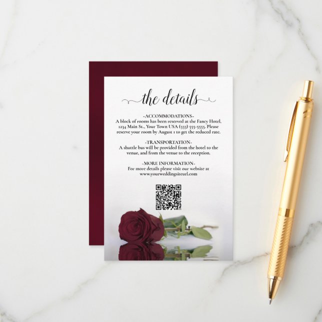 Burgundy Rose Elegant Wedding Details QR Code Enclosure Card (Front/Back In Situ)