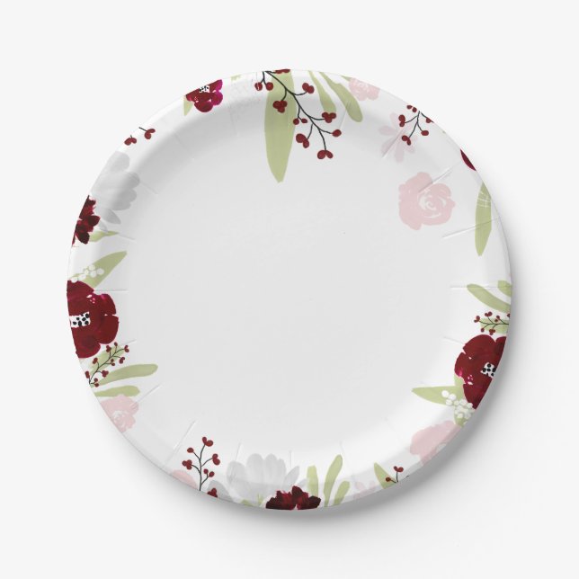 Burgundy Rose Elegant Wedding Paper Plates (Front)