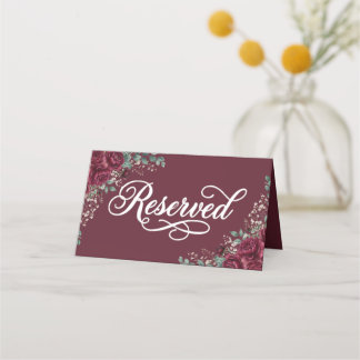 Burgundy Rose Eucalyptus Folded Reserved Sign Place Card