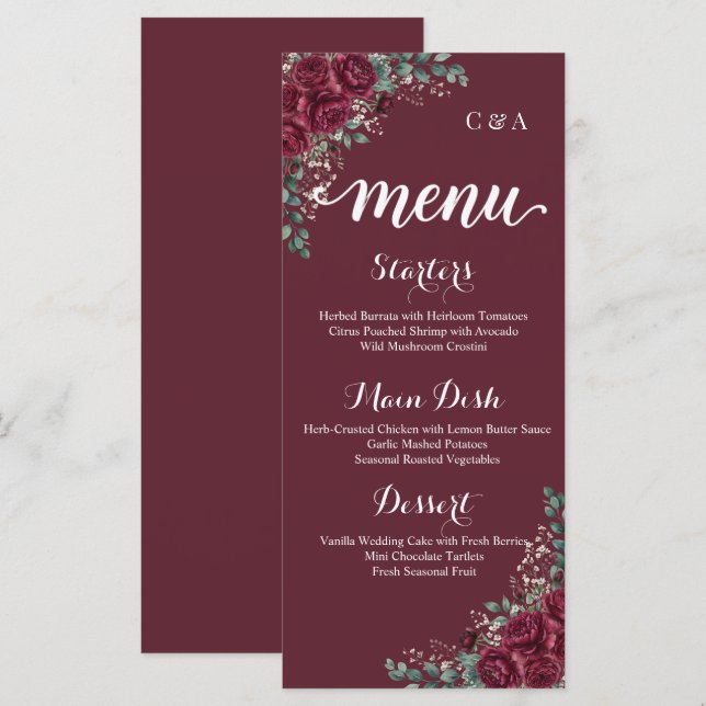 Burgundy Rose Eucalyptus Wedding Menu Card (Front/Back)