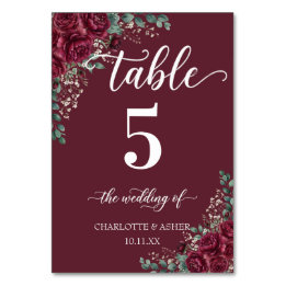Burgundy Rose Eucalyptus Wedding Table Number