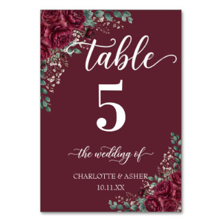 Burgundy Rose Eucalyptus Wedding Table Number