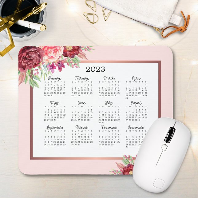 Burgundy Rose Floral Blush Pink 2023 Calendar Mouse Pad (Creator Uploaded)
