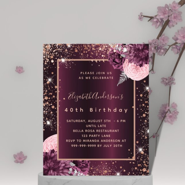 Burgundy rose floral budget birthday invitation flyer (Creator Uploaded)