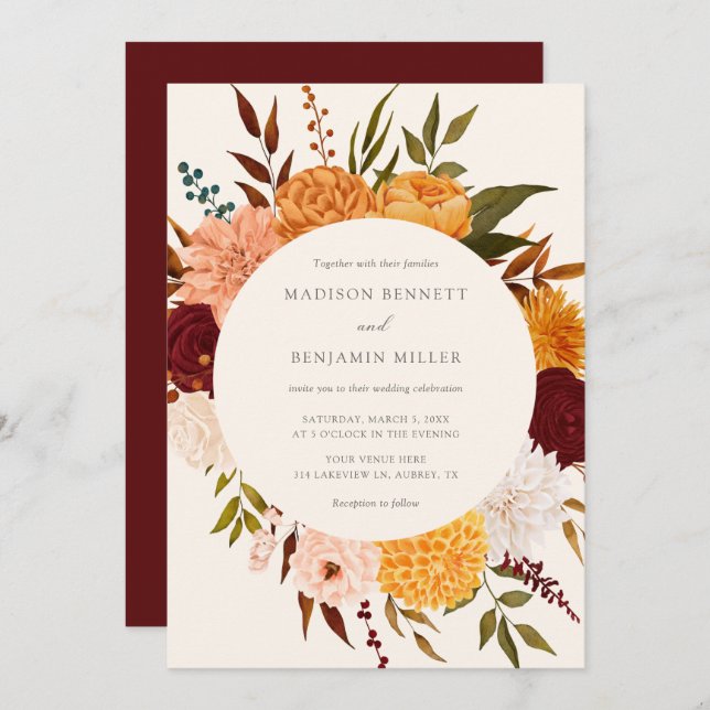 Burgundy Rose Floral Fall Wedding Invitation (Front/Back)