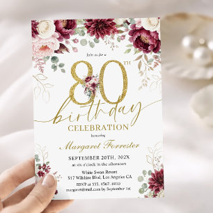 Burgundy Rose Floral Gold Glitter 80th Birthday Invitation