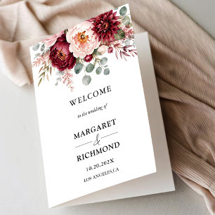 Burgundy Rose Floral Modern Folded Wedding Program Card