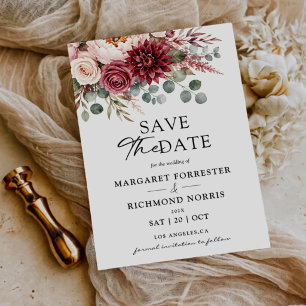 Burgundy Rose Floral Modern Wedding Save The Date Invitation