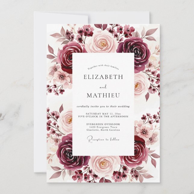 Burgundy Rose Floral Romance Wedding Invitation (Front)
