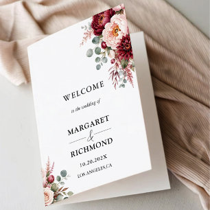 Burgundy Rose Floral Rustic Folded Wedding Program Card