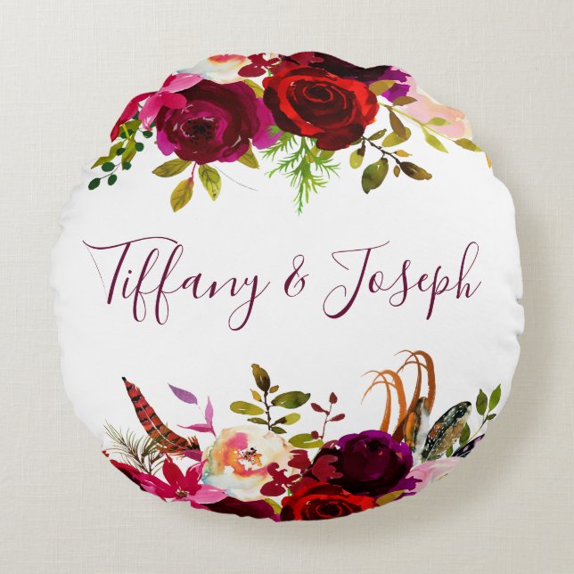 Burgundy Rose Floral Watercolor Wedding Round Cushion (Front)