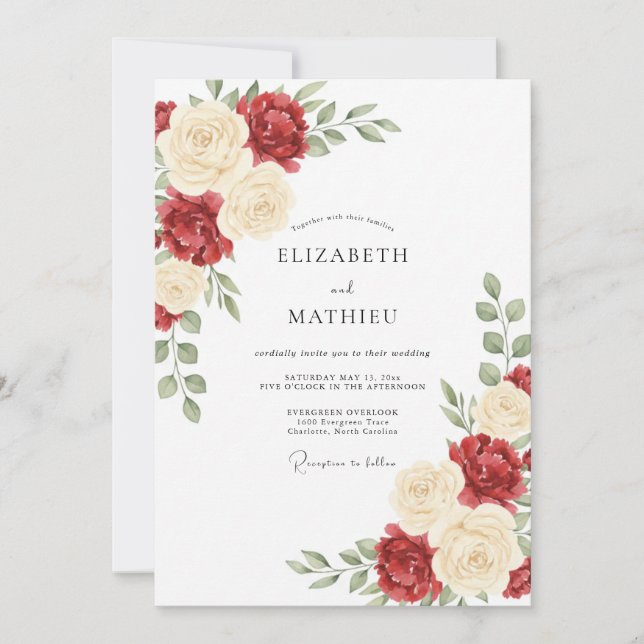 Burgundy Rose Floral Wedding Invitation (Front)