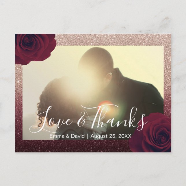 Burgundy Rose Floral Wedding Photo Thank You Postcard (Front)