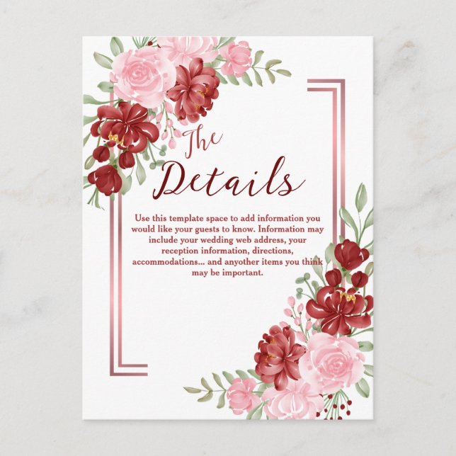 Burgundy & Rose Floral Wedding Postcard (Front)