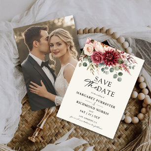 Burgundy & Rose Floral Wedding Save The Date Photo Invitation