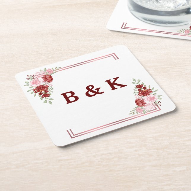 Burgundy & Rose Floral Wedding Square Paper Coaster (Angled)