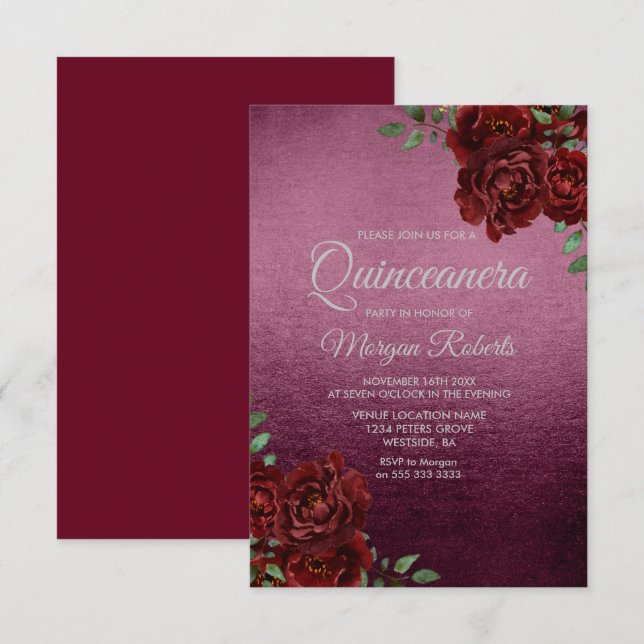 Burgundy Rose Foil Look Quinceanera Invite (Front/Back)