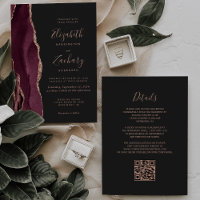Burgundy Rose Gold Agate Dark QR Code Wedding