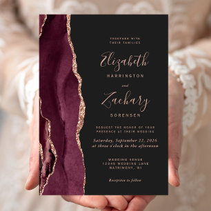 Burgundy Rose Gold Agate Dark Wedding Invitation