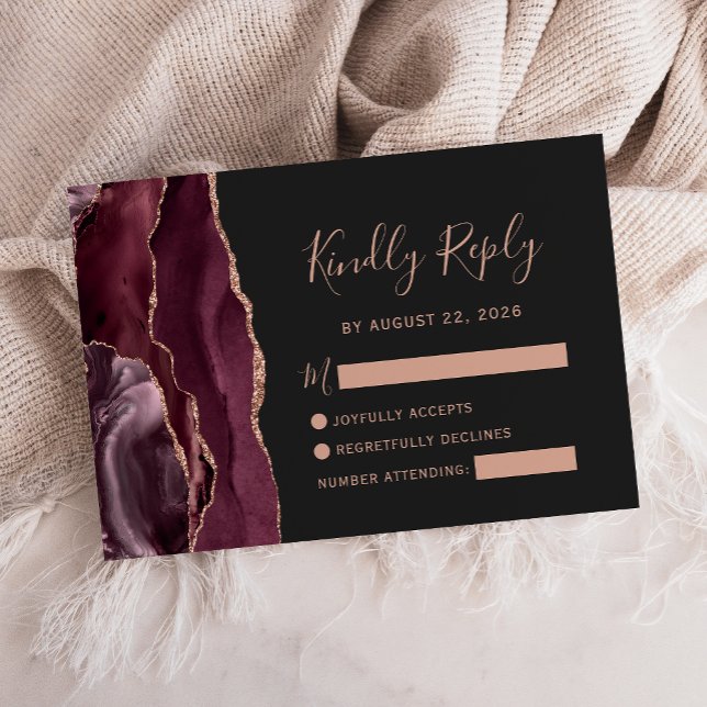 Burgundy Rose Gold Agate Dark Wedding RSVP Card (Creator Uploaded)