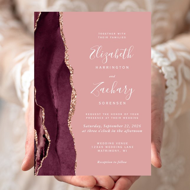 Burgundy Rose Gold Agate Dusty Rose Wedding Invite (Creator Uploaded)