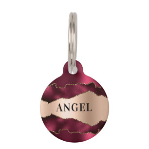 Burgundy rose gold agate marble name  pet tag