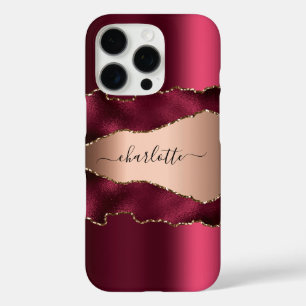 Burgundy rose gold agate marble name script iPhone 16 pro case