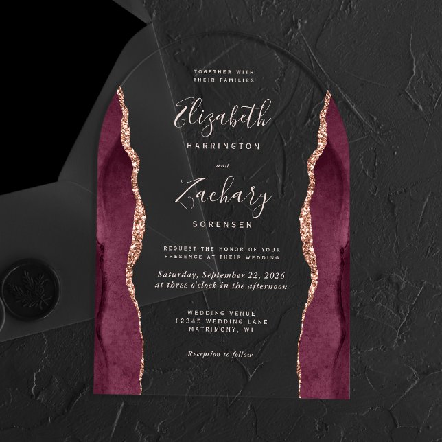 Burgundy Rose Gold Agate Pink Script Wedding Arch Acrylic Invitations (Creator Uploaded)