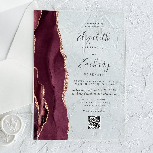 Burgundy Rose Gold Agate QR Code Wedding Acrylic Invitations (Creator Uploaded)