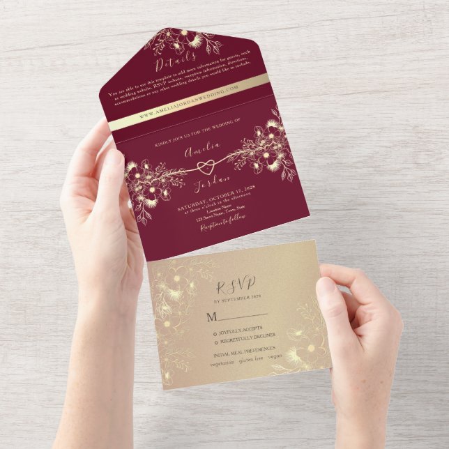 Burgundy Rose Gold All-in-One Invitation (Tearaway)