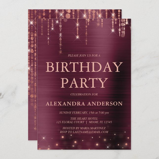 Burgundy  Rose Gold Any Age Birthday Party Invitation (Front/Back)