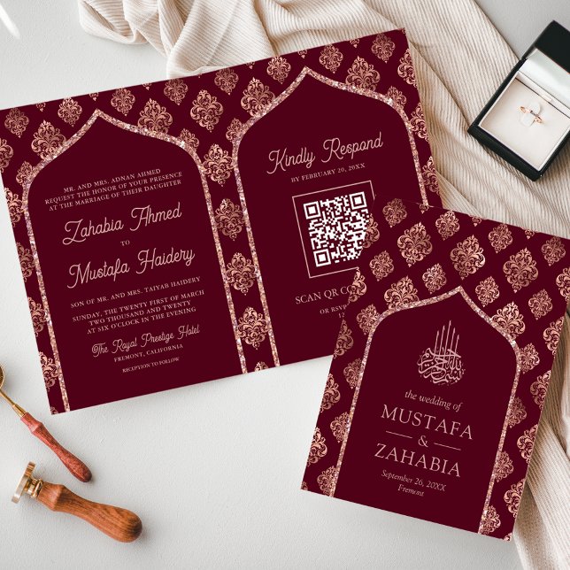 Burgundy Rose Gold Arch QR Code Muslim Wedding Invitation (Creator Uploaded)