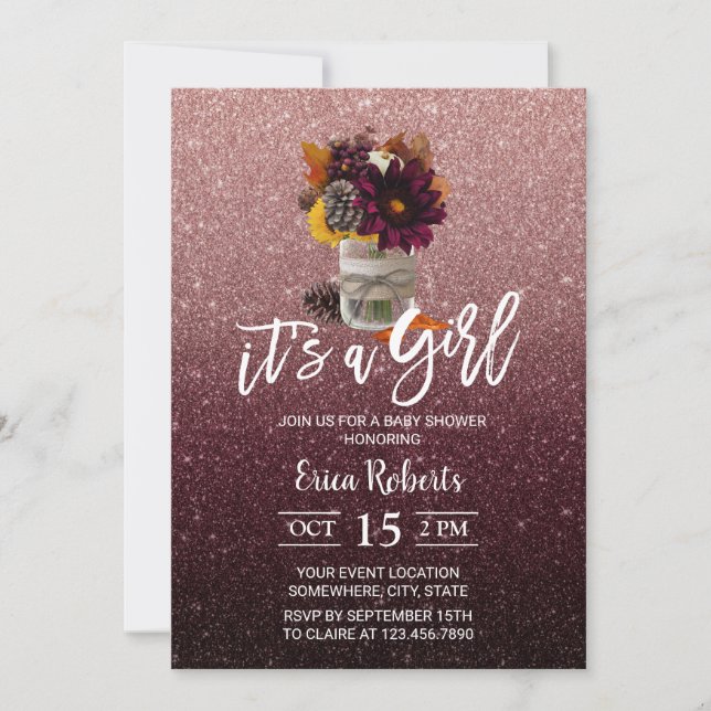 Burgundy & Rose Gold Autumn Floral Jar Baby Shower Invitation (Front)
