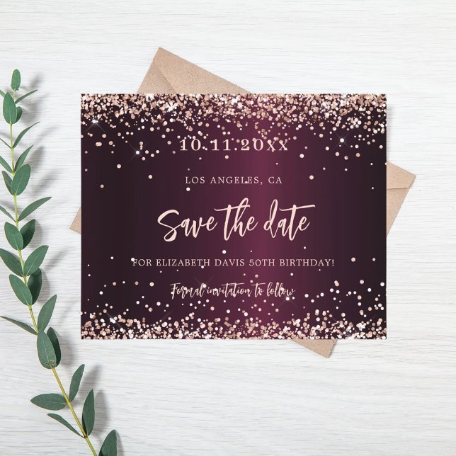 Burgundy rose gold birthday budget save the date flyer (Creator Uploaded)