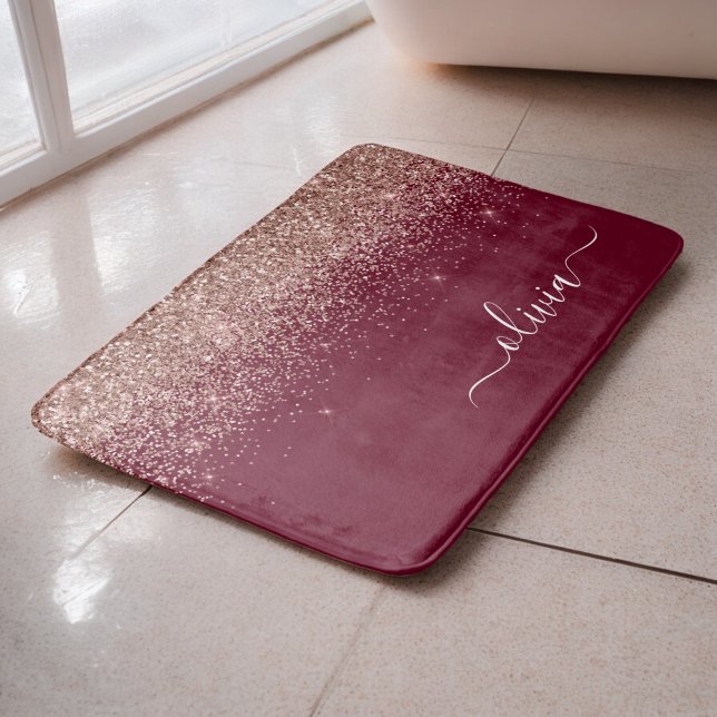 Burgundy Rose Gold Blush Pink Glitter Monogram Bath Mat (Creator Uploaded)