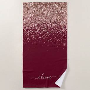 Burgundy Rose Gold Blush Pink Glitter Monogram Beach Towel
