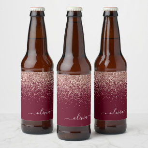 Burgundy Rose Gold Blush Pink Glitter Monogram Beer Bottle Label
