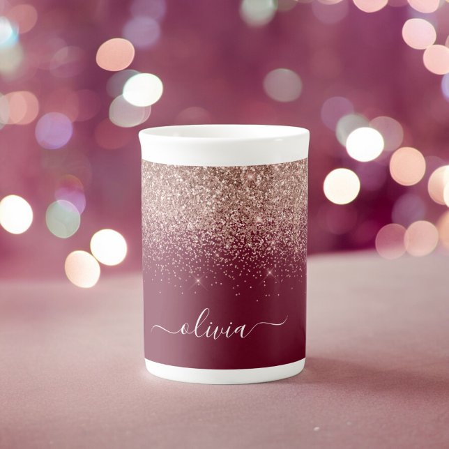 Burgundy Rose Gold Blush Pink Glitter Monogram Bone China Mug (Creator Uploaded)