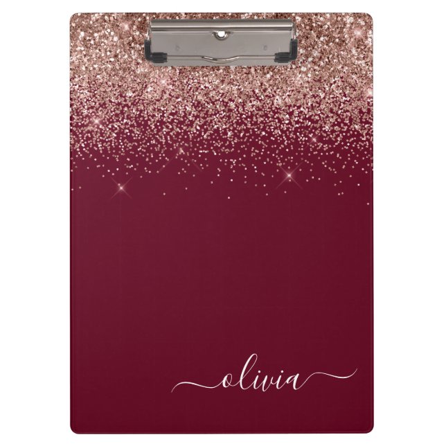 Burgundy Rose Gold Blush Pink Glitter Monogram Clipboard (Front)