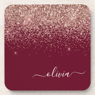Burgundy Rose Gold Blush Pink Glitter Monogram Coaster