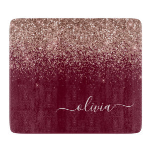 Burgundy Rose Gold Blush Pink Glitter Monogram Cutting Board