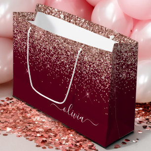 Burgundy Rose Gold Blush Pink Glitter Monogram Large Gift Bag